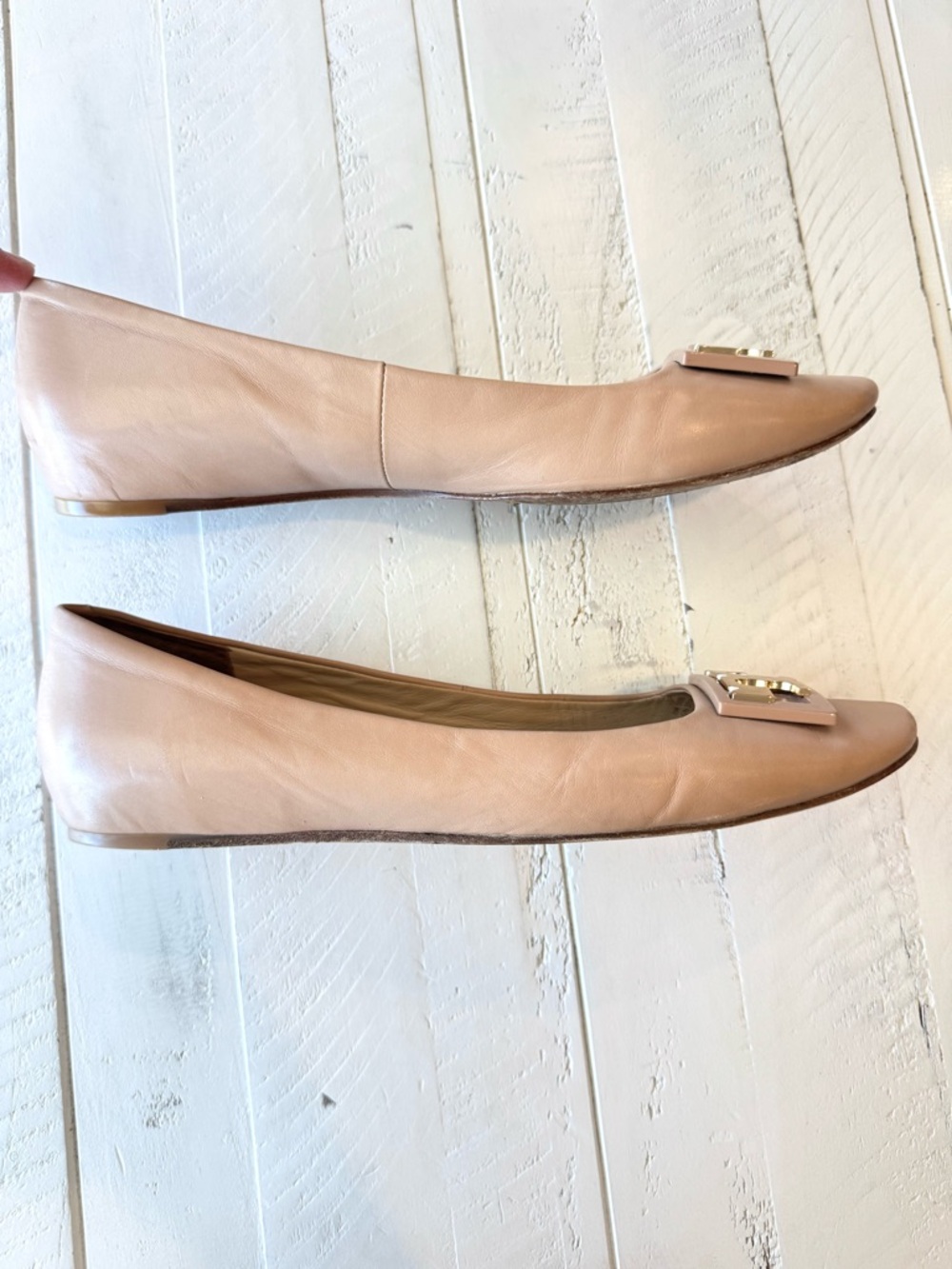 Tory Burch Ballet Flats Leather Logo Beige Size 8M - Picture 5 of 10